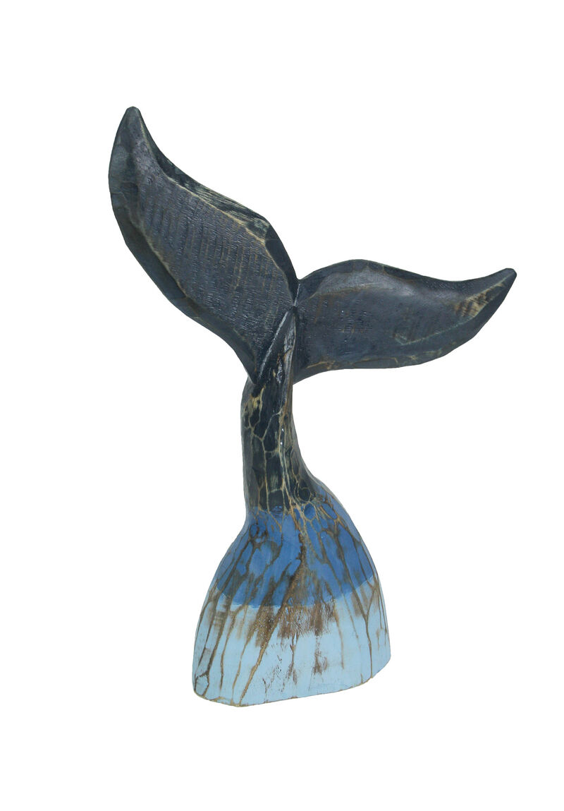 Coastal Blue Carved Wooden Whale Tail Tabletop Statue 16 Inches High image number 0