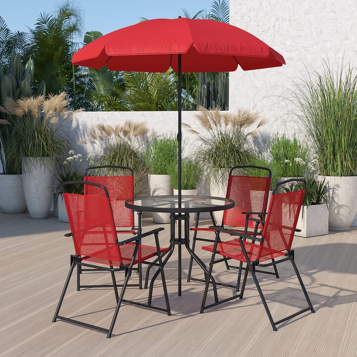 Flash Furniture Nantucket 6 Piece Red Patio Garden Set with Table, Umbrella and 4 Folding Chairs