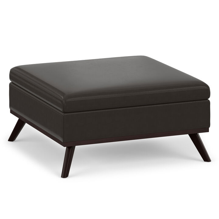 Owen 36 inch Wide Mid Century Modern Square Coffee Table Storage Ottoman in Tanners Brown Vegan Faux Leather, Assembled