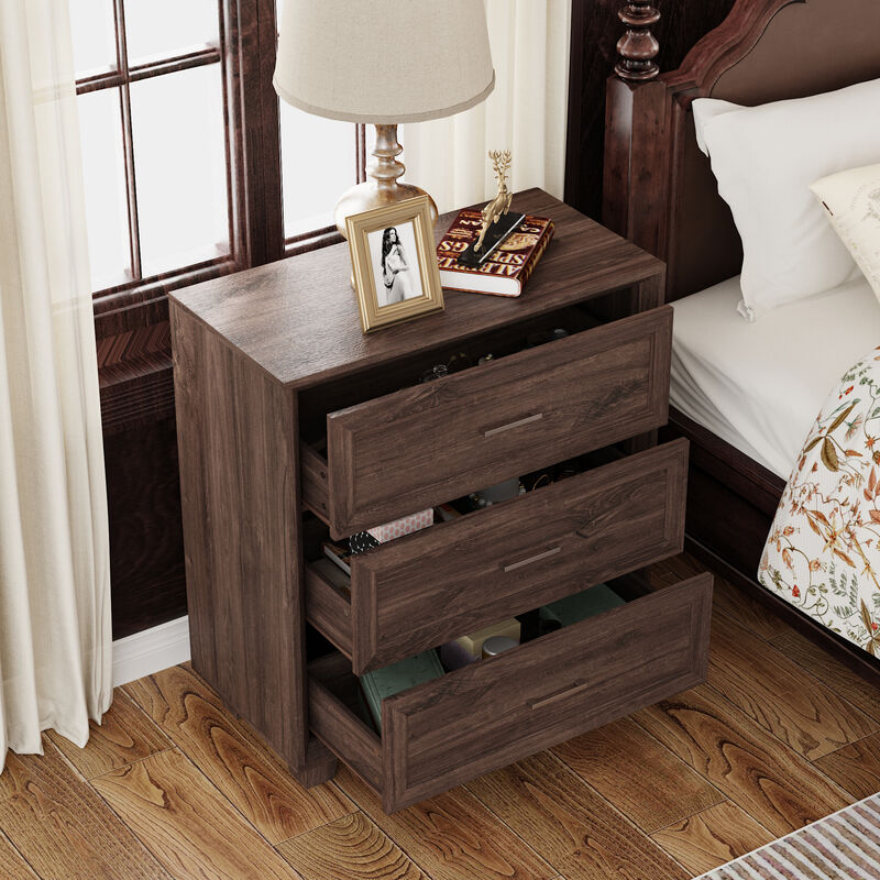 FUFU&GAGA Retro 3-Drawer Bedside Table with Silver Handles, Large Beveled Edge Faux Thick Design and Patterned Drawer Fronts, (34.4 in. W x 31.4 in. D x 15.7 in. H), Dark Brown Wood Grain