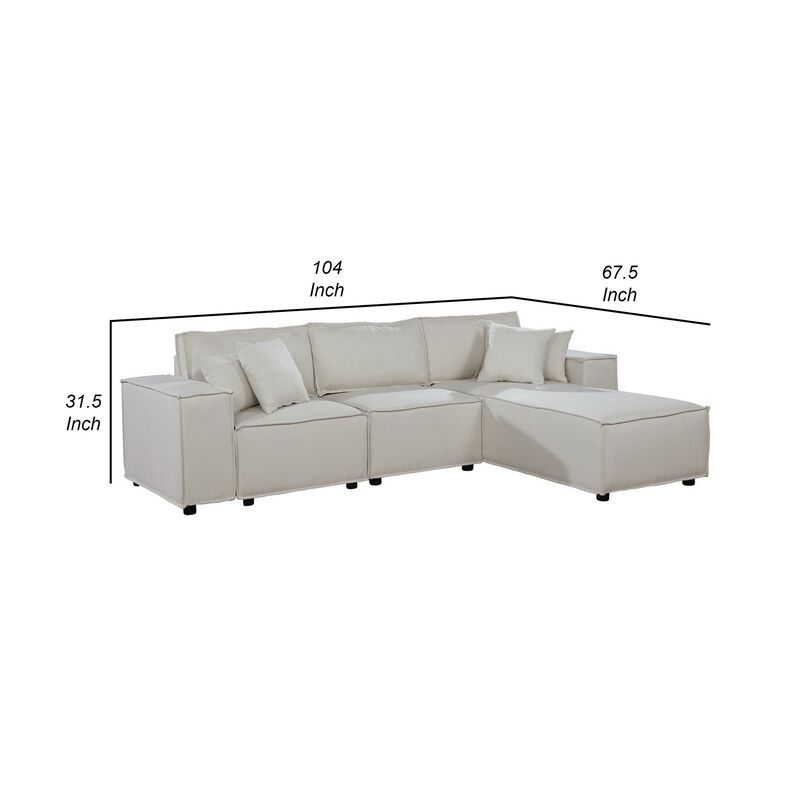 Shore 104 Inch Modular Sofa with Reversible Chaise, Pillows, Beige Fabric-Benzara
