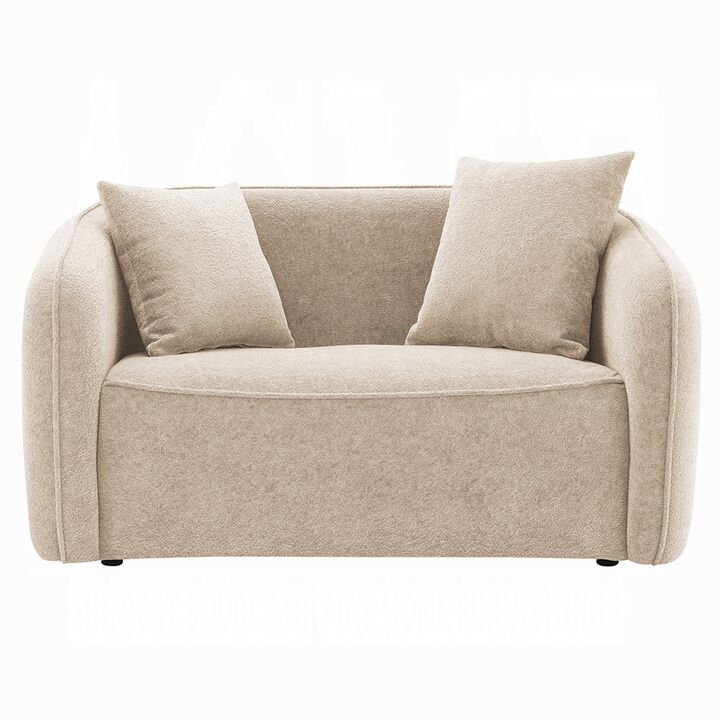 Keina Loveseat, 2 Accent Pillows, Rounded Back, Beige Chenille 57 Inch - Benzara - Benzara