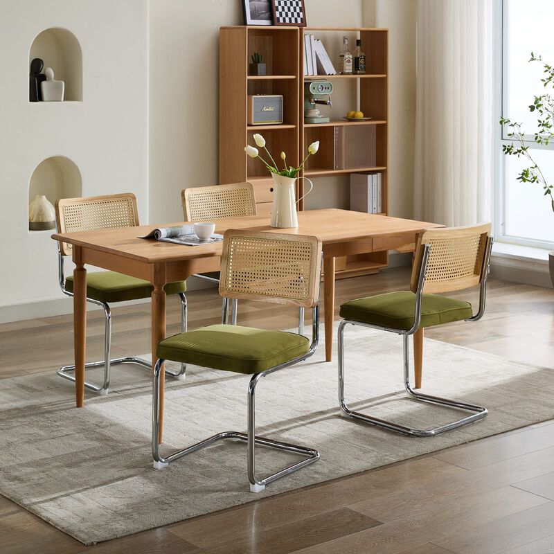 Whisen 2-Piece Mid Century Dining Chairs, Velvet Upholstered with Cane Back & Chrome Base, Cantilever Design for Kitchen image number 2