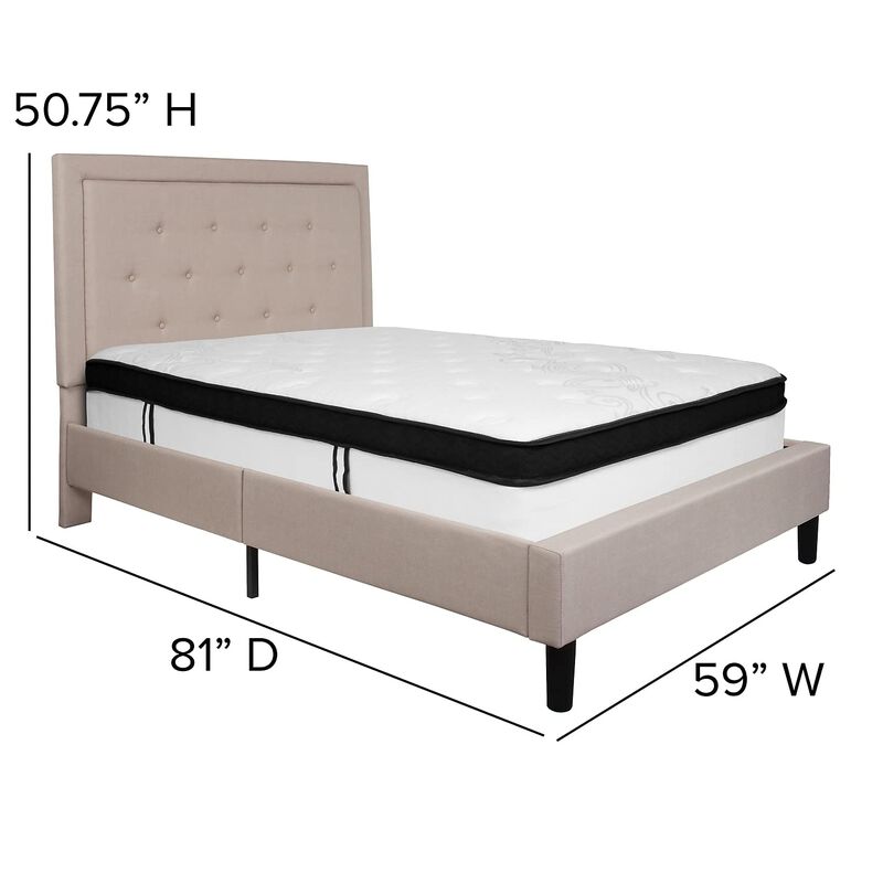 Roxbury Full Size Tufted Upholstered Platform Bed in Beige Fabric with Memory Foam Mattress