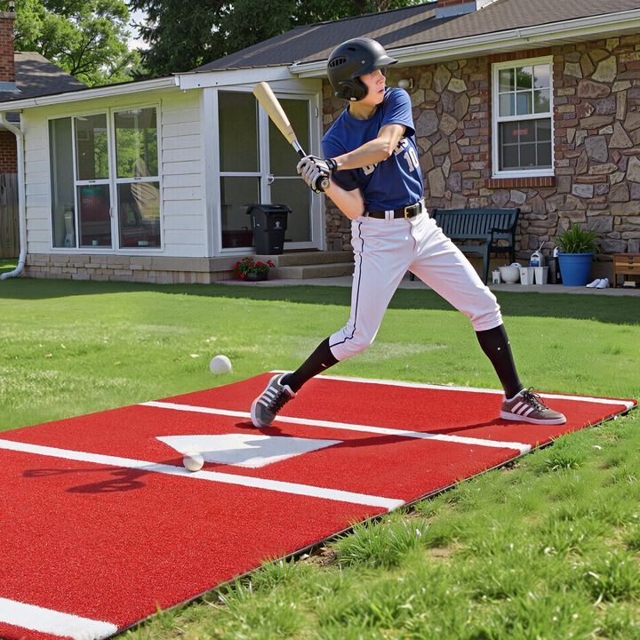 Baseball Hitting Turf Mat with Home Plate, Batting Training Equipment for Baseball & Softball-Red