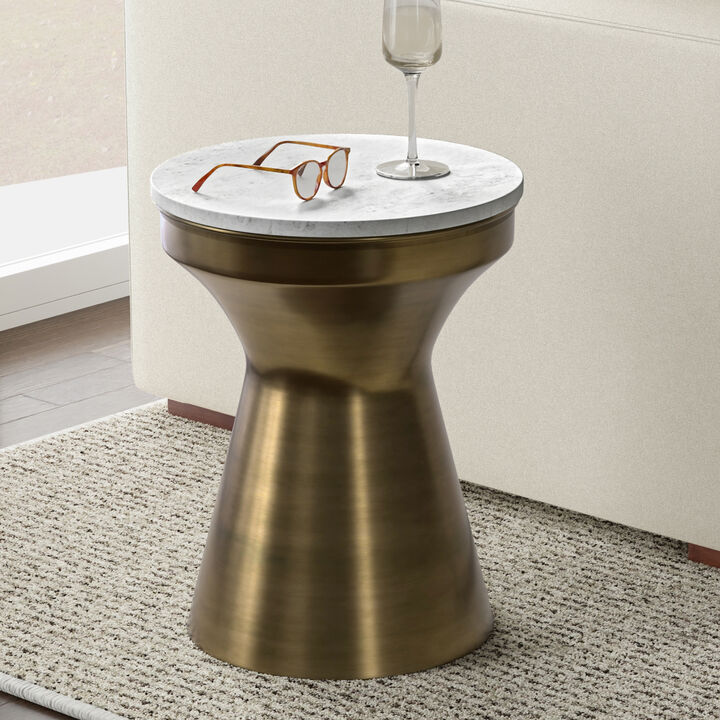 Raquel Modern Contemporary 14 inch Wide Metal Side Table in White / Antique Brass, Fully Assembled