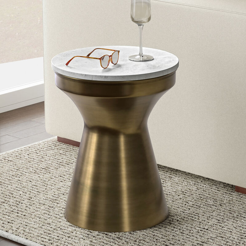 Raquel Modern Contemporary 14 inch Wide Metal Side Table in White / Antique Brass, Fully Assembled