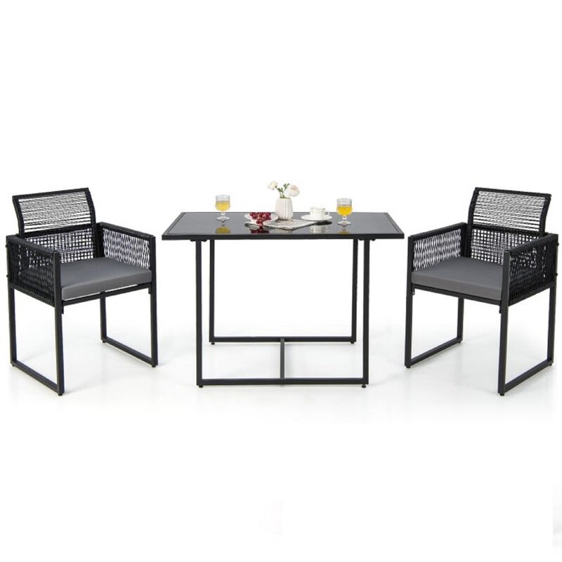 Mondawe 3Pcs Outdoor PE Rattan Dining Set,W/Glass Top Table&Cushioned Folding Chairs,Patio Furniture