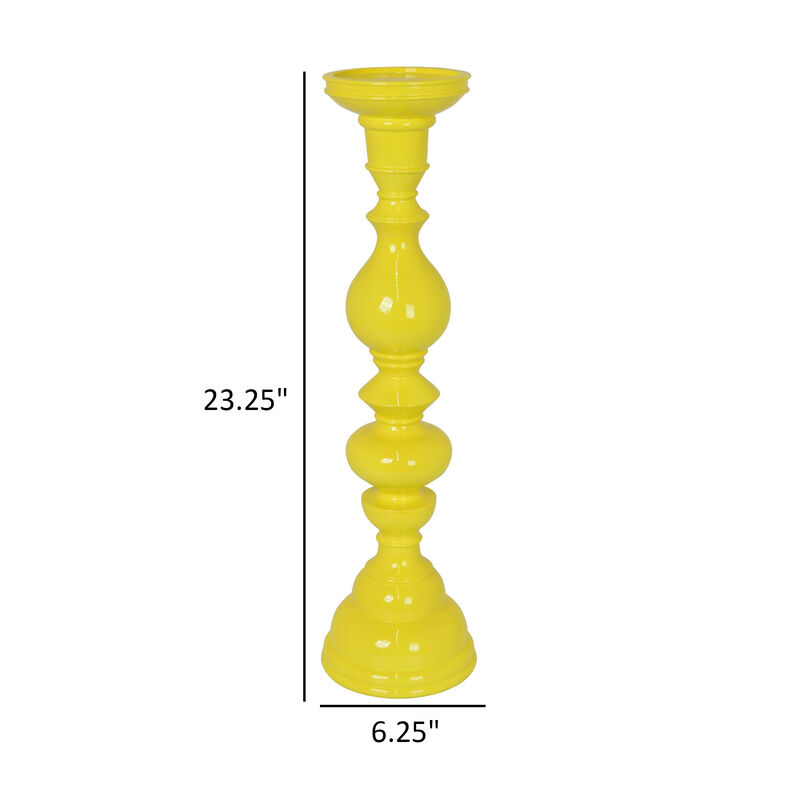 Naze Tabletop Candle Holder with Turned Accents, 23 Inch Yellow Resin - Benzara