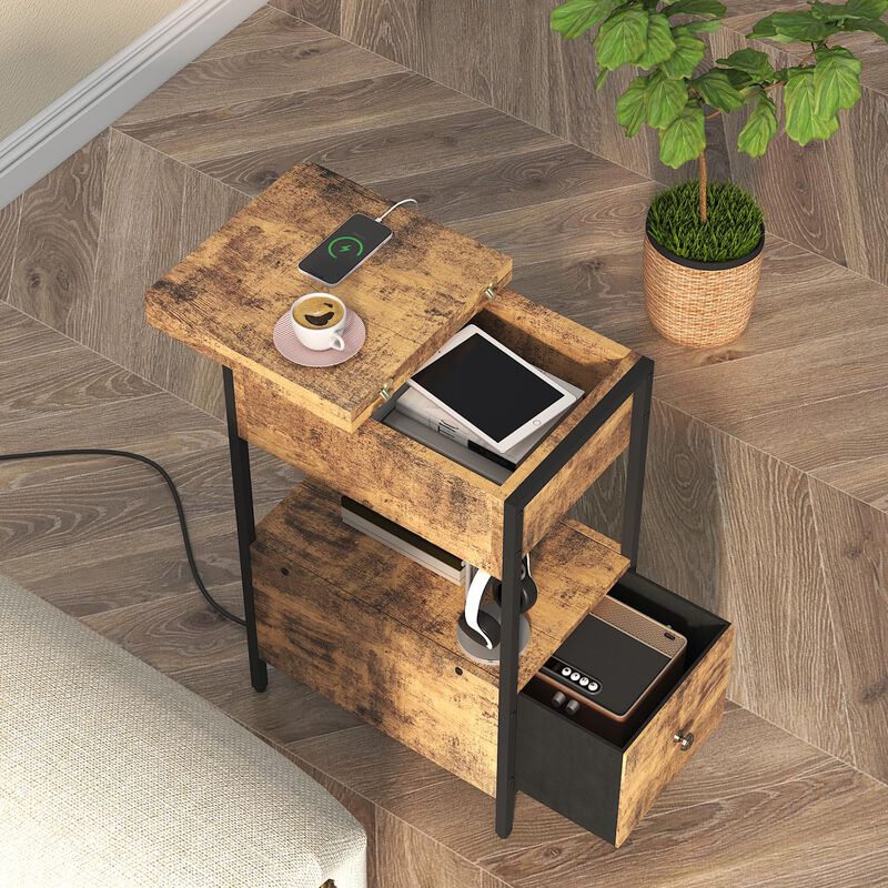 SOOWERY End Table with Charging Station, Narrow Side Table with Flip Top Cabinet and Fabric Drawer, Nightstand Bedside Tables fo