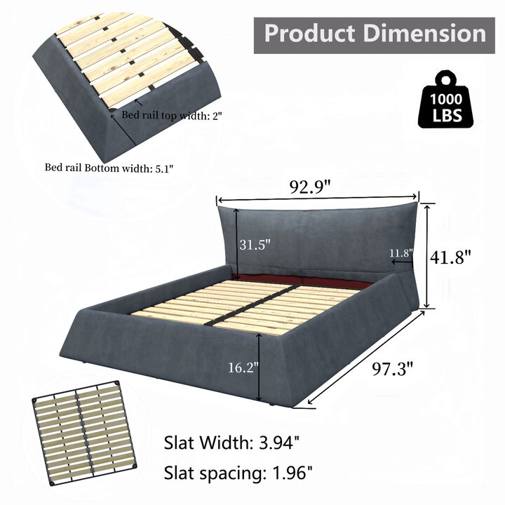 King Size Upholstered Platform Bed with Special Shaped Velvet Headboard, Metal Solid Wood Frame, Grey
