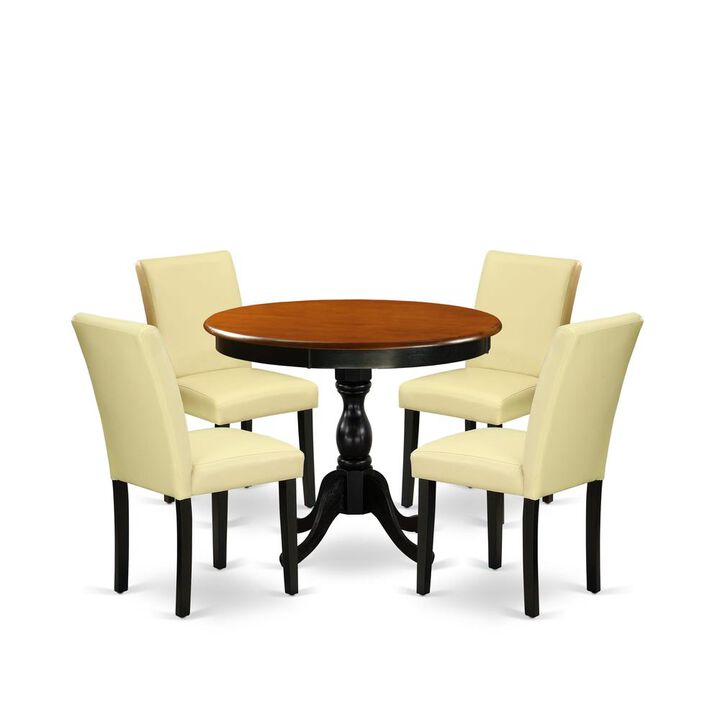 East West Furniture 5-Piece Kitchen Table Set Consists of a Round Dinning Room Table and 4 Eggnog PU Leather Dining Room Chairs with High Back - Black Finish