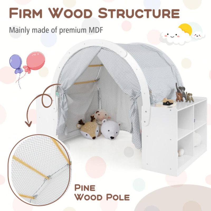 Hivvago Wooden Kids Play Tent with Curtain Shades and 8 Cubbies