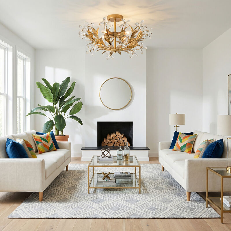 23.6" 4-Light Modern Antique Gold Leaf Shaped Crystal Flower Semi-Flush Mount Ceiling Light for Bedroom or Etryway image number 4