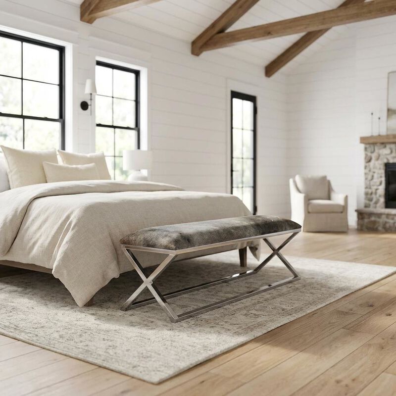 Starlight Canyon Home Cowhide Upholstered Bench, Contemporary Entryway Bench for Living Room, Gray image number 3