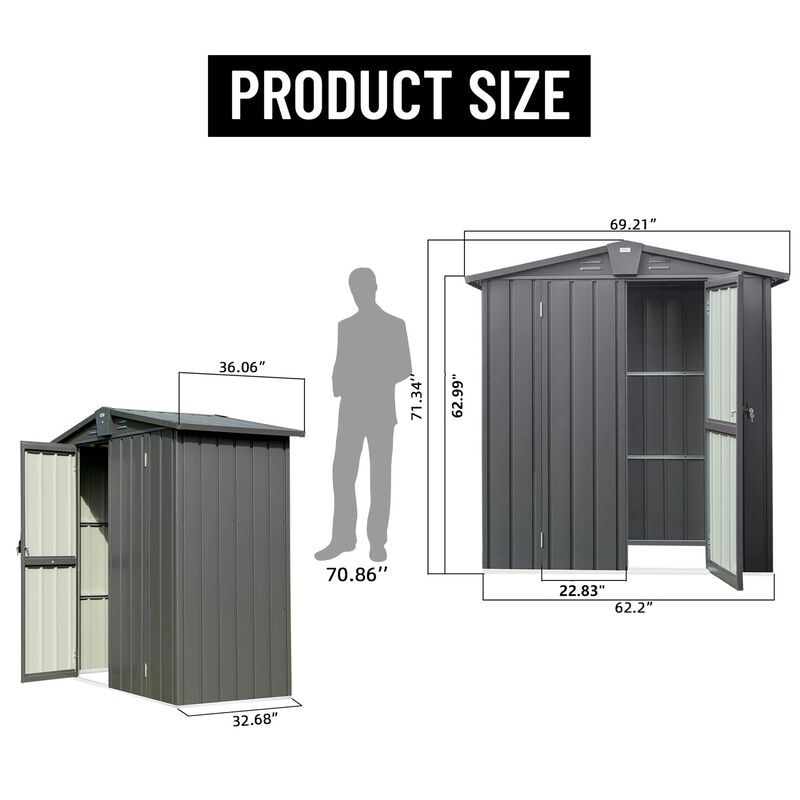 CLIHOME 5.7x3Ft Outdoor Galvanized Steel Storage Shed,Patio Storage Cabinet with Lockable Double Door image number 5