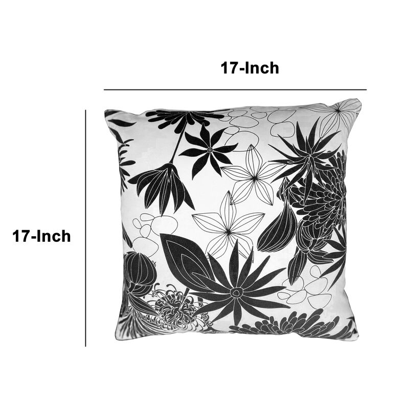 17 x 17 Inch Decorative Square Cotton Accent Throw Pillows, Classic Floral Print, Set of 2, Black and White-Benzara image number 6