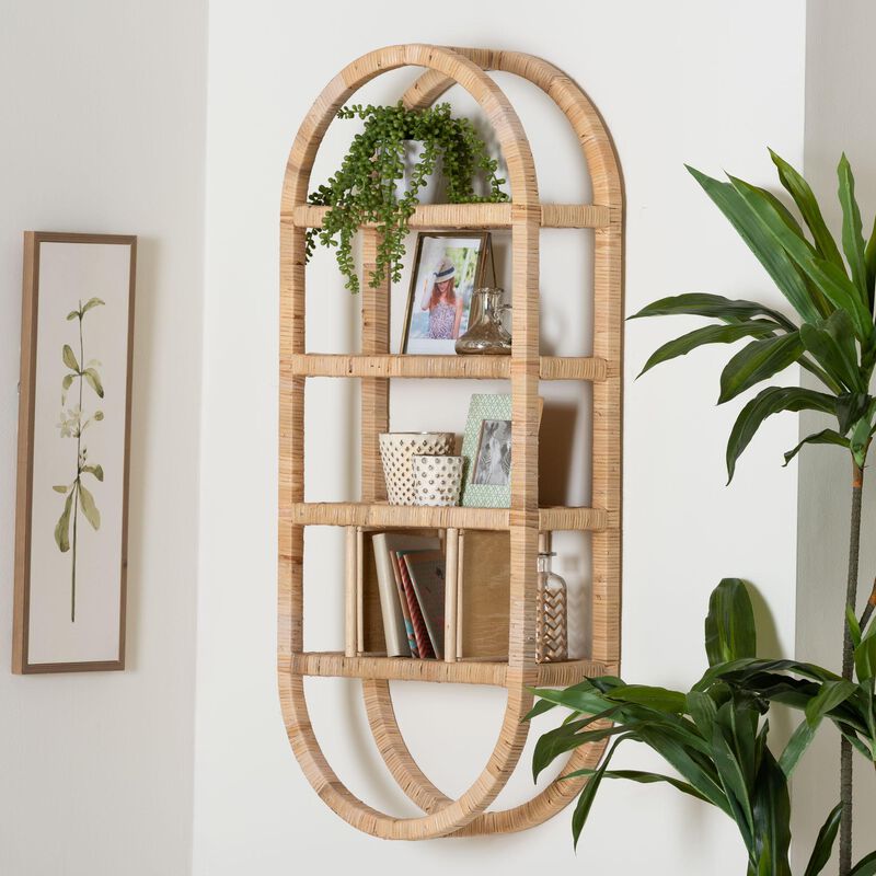 bali & pari Labonita Natural Rattan Wall Shelf  &ndash; 3-Tier Wall-Mounted Display Unit with Arching Frame for Entryway, Living Room, or Bathroom image number 1