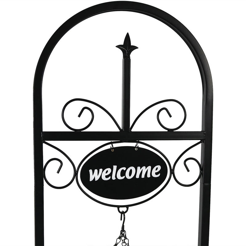 Sunnydaze Black Iron Frame Hanging Basket Planter with Welcome Sign - 48 in
