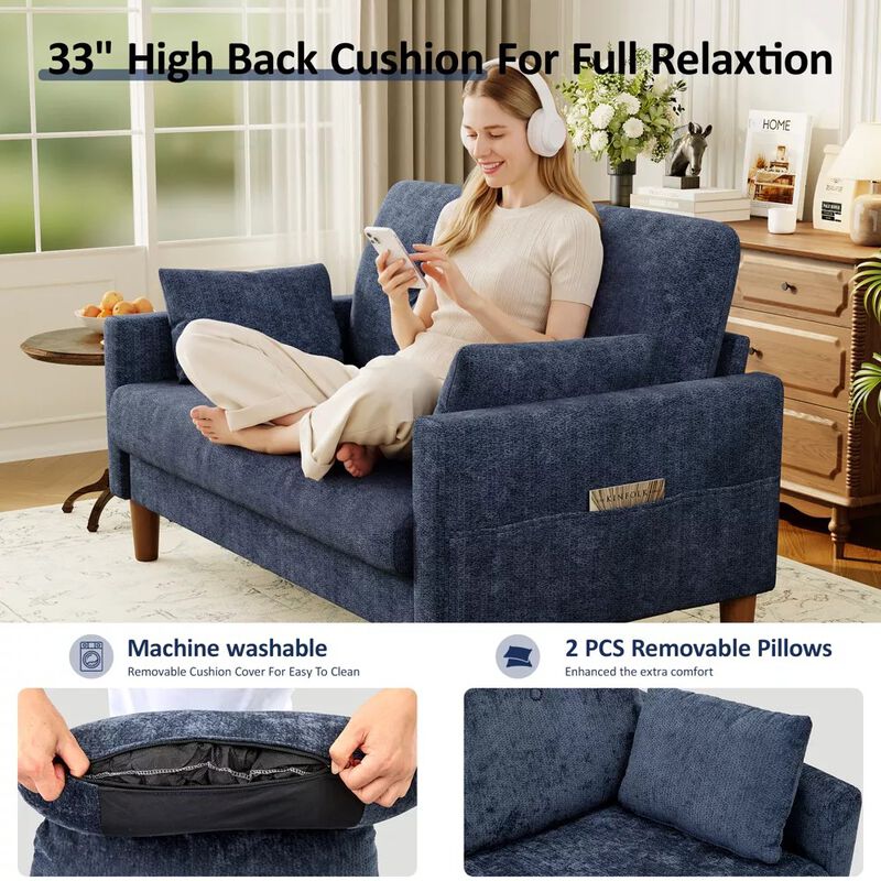 Vipbear 48" Chenille Loveseat Sofa for Small Spaces &ndash; 2-Seater Couch with Deep Seat, Side Pocket image number 6