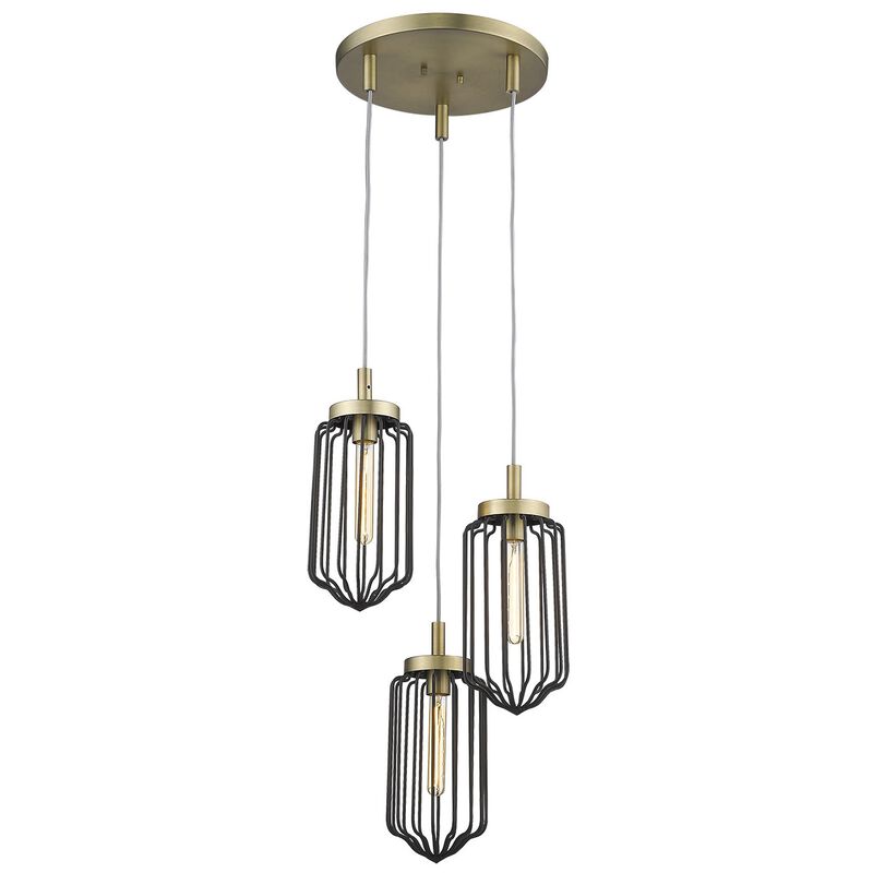 Hivvago Gold Caged Three Light Metal Dimmable Chandelier With Black Shades