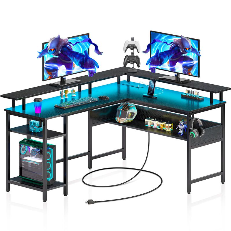 Rolanstar Computer Desk L Shaped 56.7 with LED Lights and Power Outlets, Reversible L Shaped Gaming Desk with Monitor Stand, H
