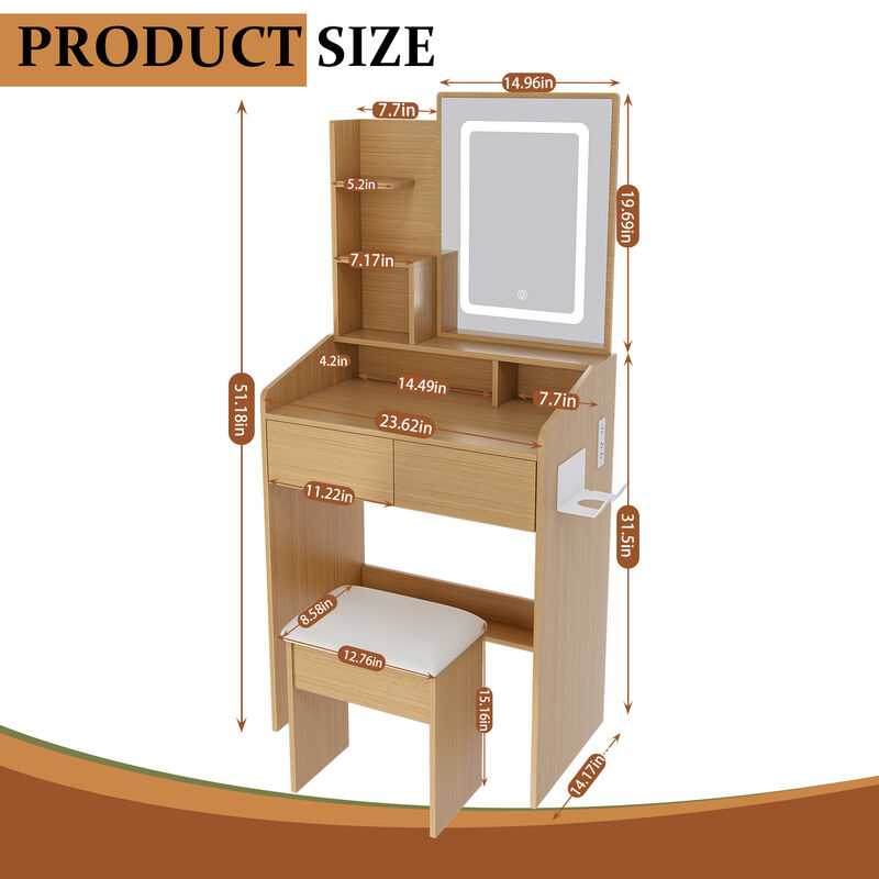 TATEUS Small Bedroom Wood Vanity Desk with LED Mirror, 3 Color Lighting & Stool