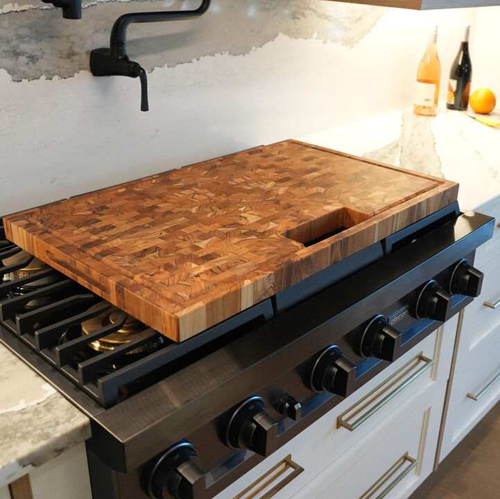 EcoDecors 29" x 18" FSC Teak End Grain Stove Top Cutting Board with Groove & Handles