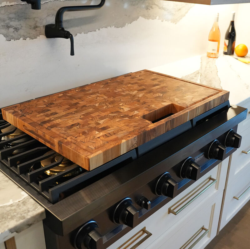 EcoDecors 29" x 18" FSC Teak End Grain Stove Top Cutting Board with Groove & Handles image number 1