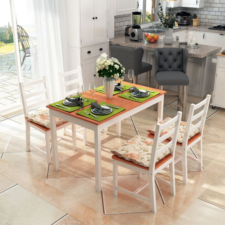 5 Piece Solid Pine Wood Table and High Back Chair Dining Set - White/Natural Wood