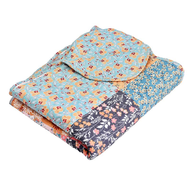 Turin 60 Inch Throw Blanket, Microfiber, Patchwork Floral Print, Multicolor - Benzara