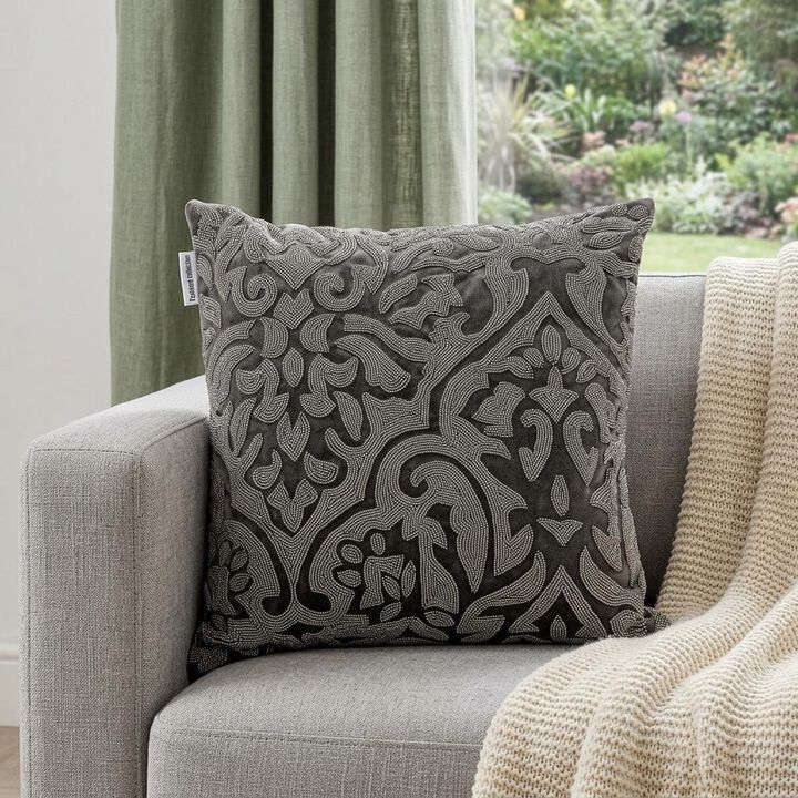 HomeRoots 18" Gray and Silver Damask Velvet Throw Pillow With Beads