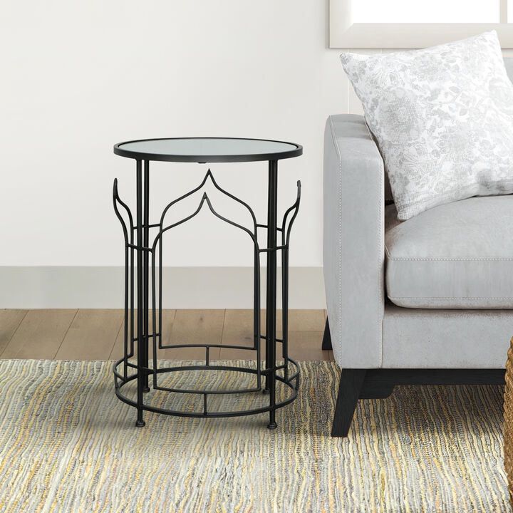 23 Inch Modern Side Table, Glass Top, Geometric Design, Set of 2, Black