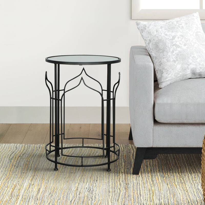 23 Inch Modern Side Table, Glass Top, Geometric Design, Set of 2, Black