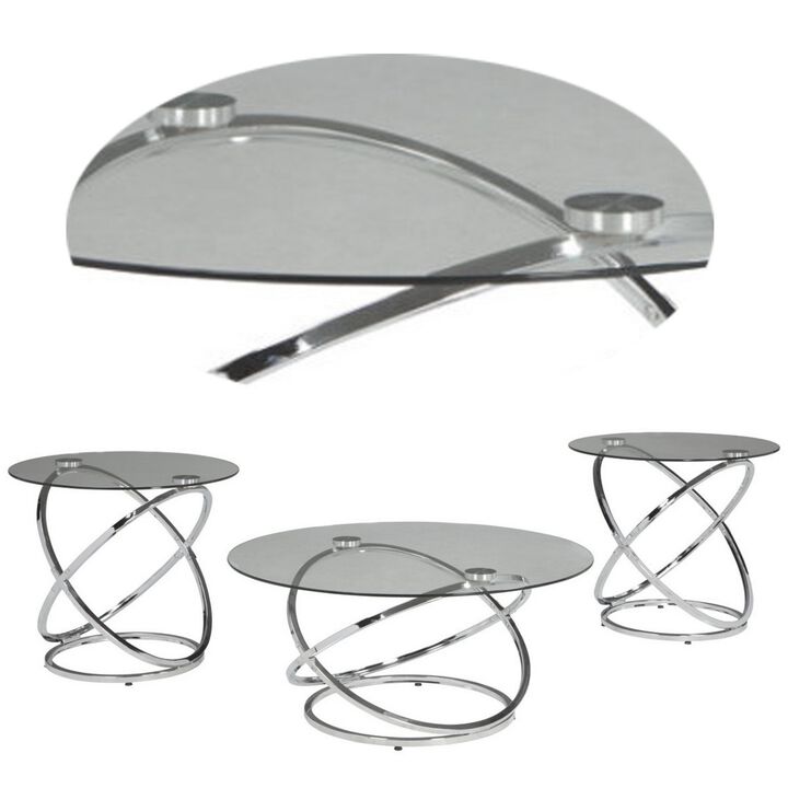 Contemporary Glass Top Table Set with Metal Rings Base, Clear and Silver-Benzara