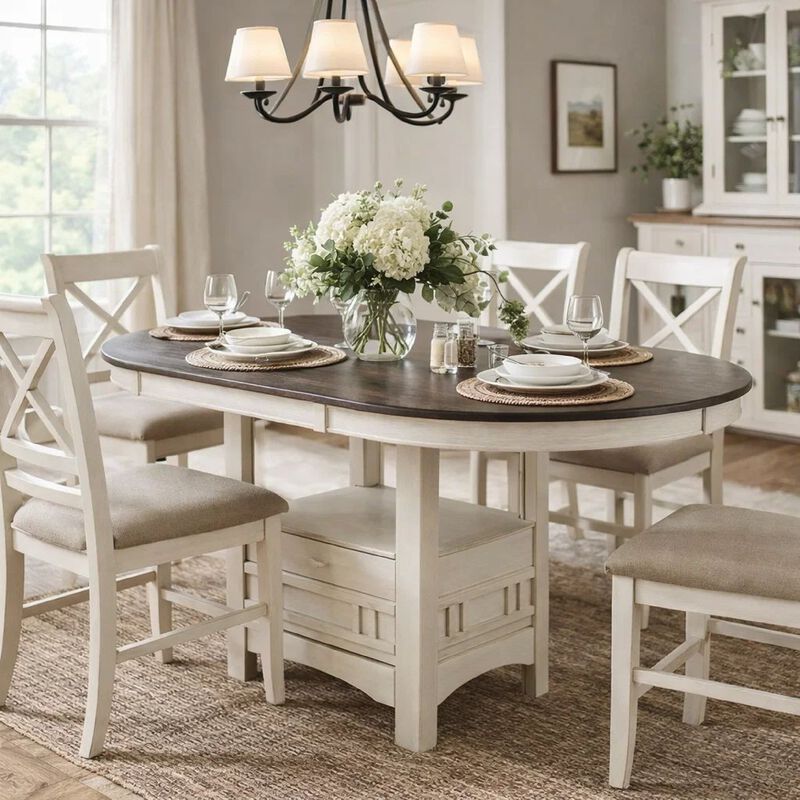 Glee 42-60 Inch Extendable Counter Height Table, Antique White and Brown image number 1