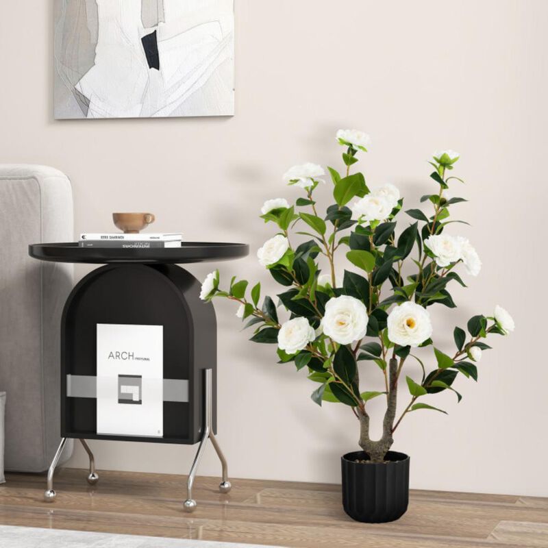 Hivvago Artificial Camellia Tree Faux Flower Plant in Cement Pot
