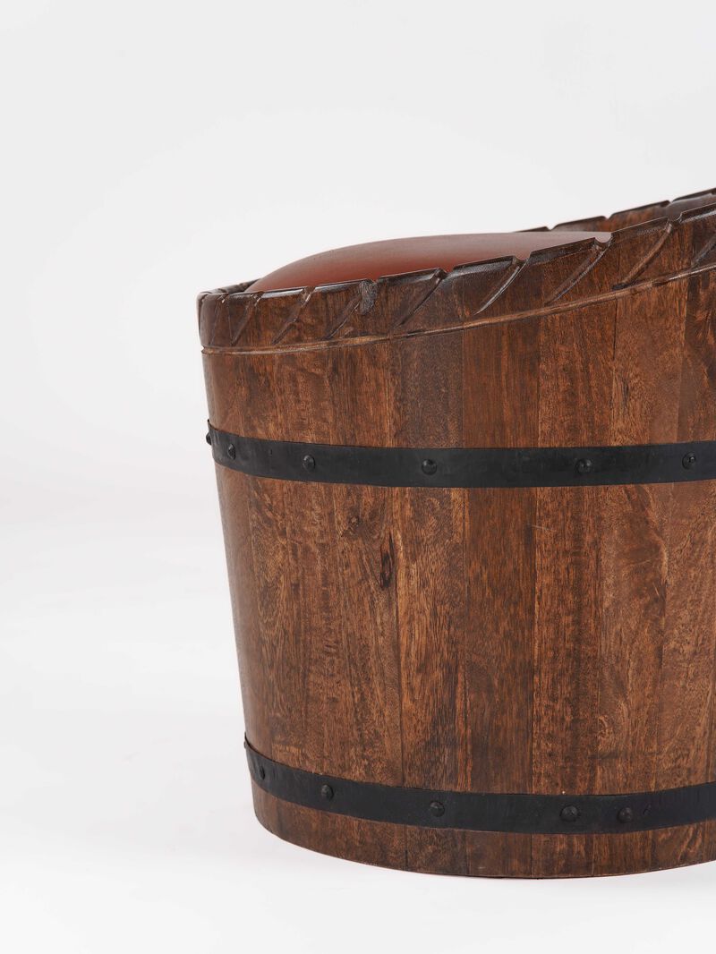 Handmade Eco-Friendly Geometric Buffalo Leather & Wood Brown Round Ottomon 18"x18"x18" From BBH Homes