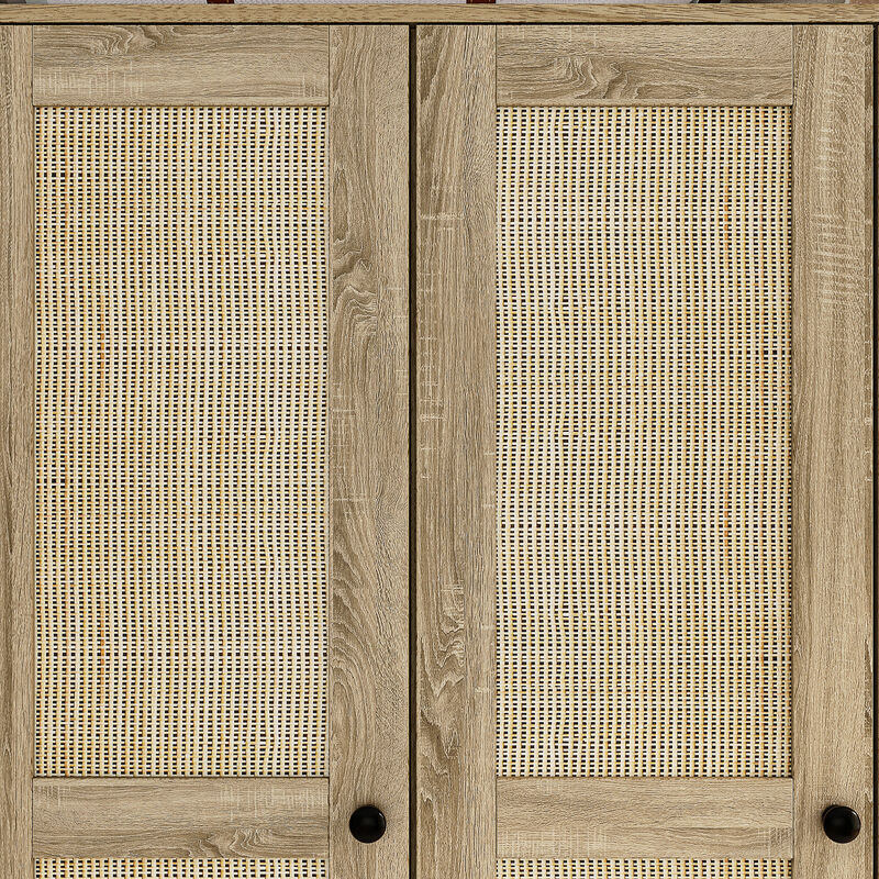 Brown Wood Grain 59 in. W Rattan Doors Design Armoires Wardrobe with 5-Drawers, 2-Hanging Rods