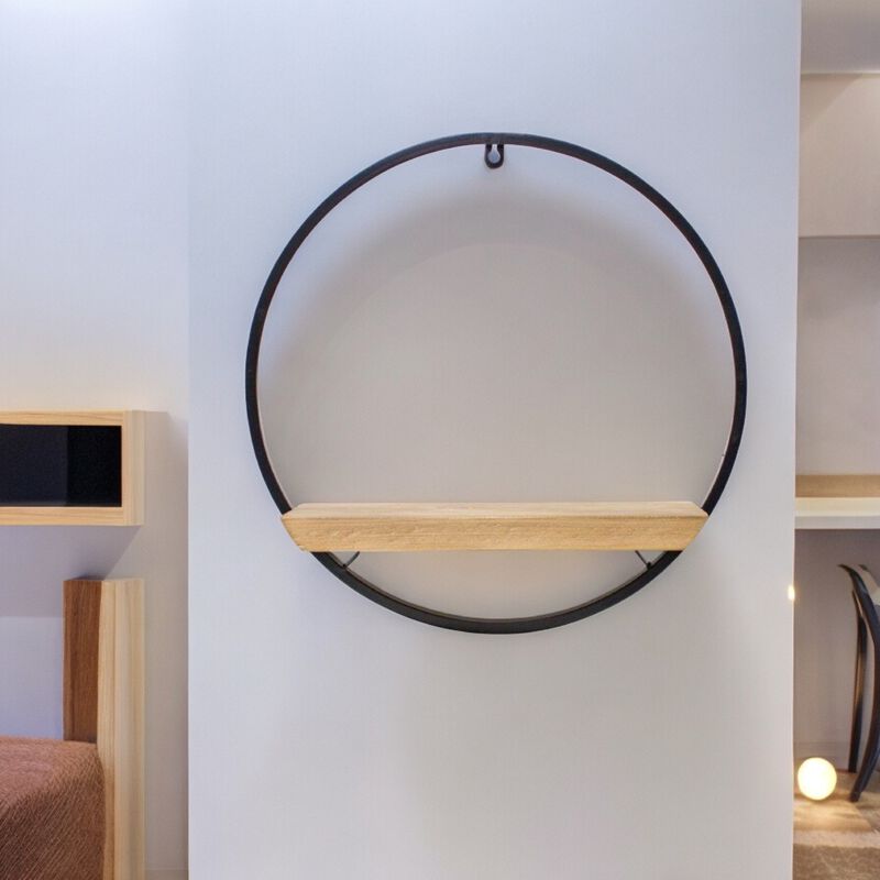 Metal Frame Wood Circle Shelf for Decorative and Functional Use
