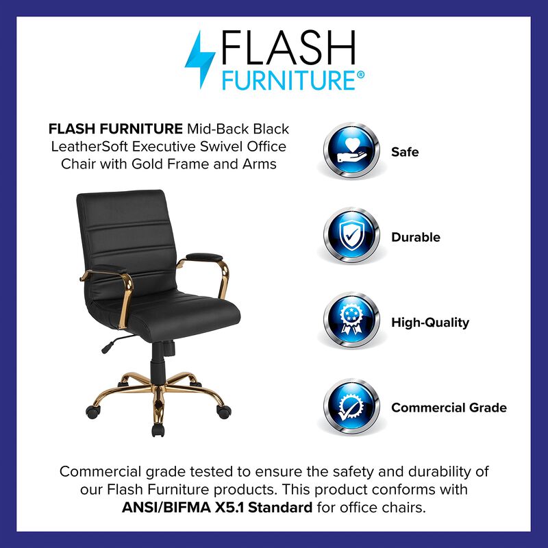 Flash Furniture Whitney Mid-Back Desk Chair - Black LeatherSoft Executive Swivel Office Chair with Gold Frame - Swivel Arm Chair image number 2