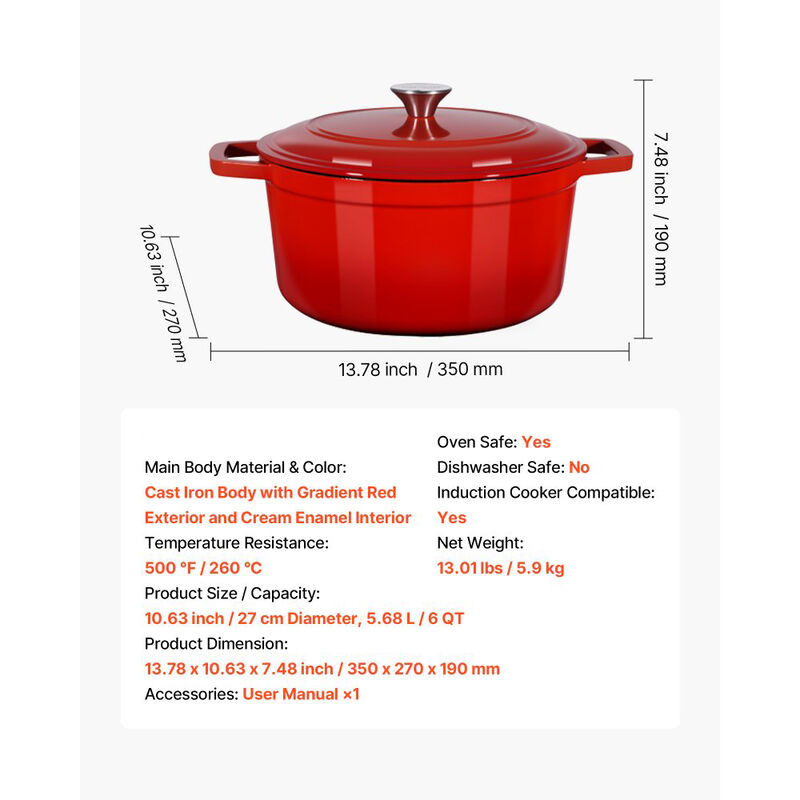 Enameled Cast Iron Dutch Oven with Lid, 6 Quart Cooking Pot for Roasting, Braising & Bread-Red image number 2