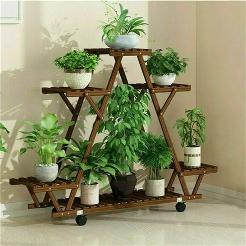 Indoor/Outdoor Solid Wood Triangular Plant Stand &ndash; Multi-Tier with Locking Wheels