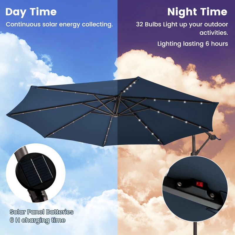 Mondawe 10 Feet Cantilever Umbrella with 32 LED Lights and Solar Panel Batteries