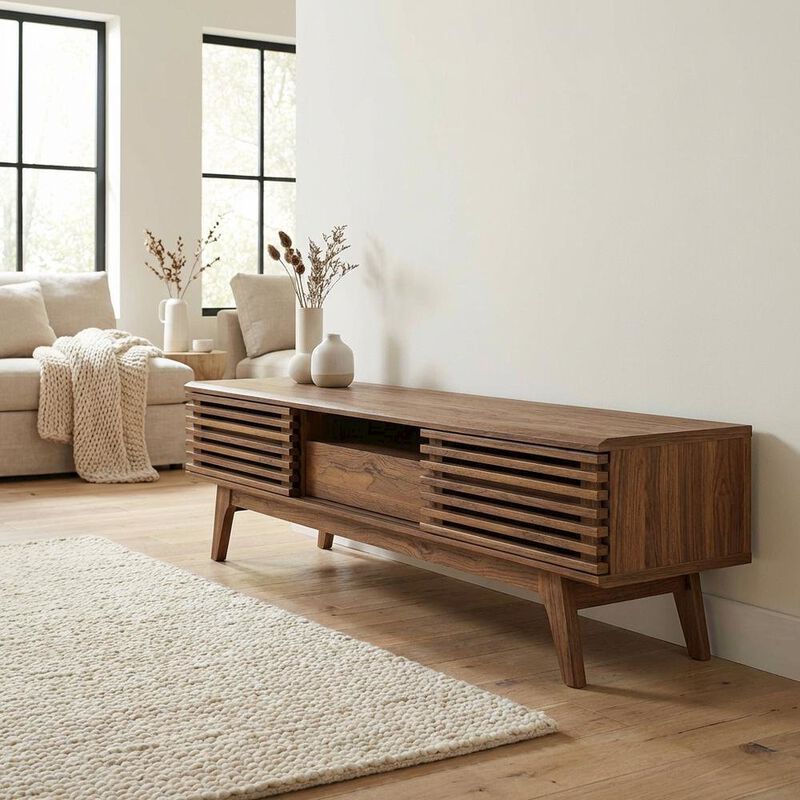 Wooden brown TV stand with spacious surface and modern design image number 4