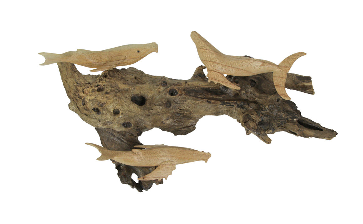 Carved Wood Humpback Whale Trio on Driftwood Base Wall Hanging