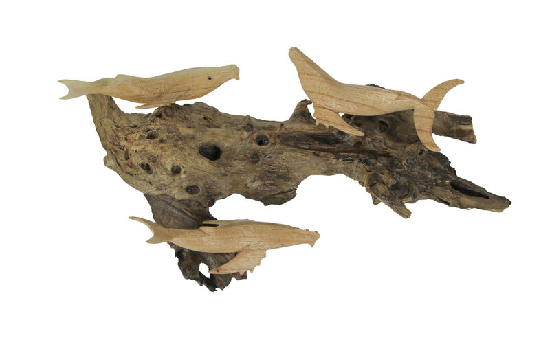 Carved Wood Humpback Whale Trio on Driftwood Base Wall Hanging image number 0