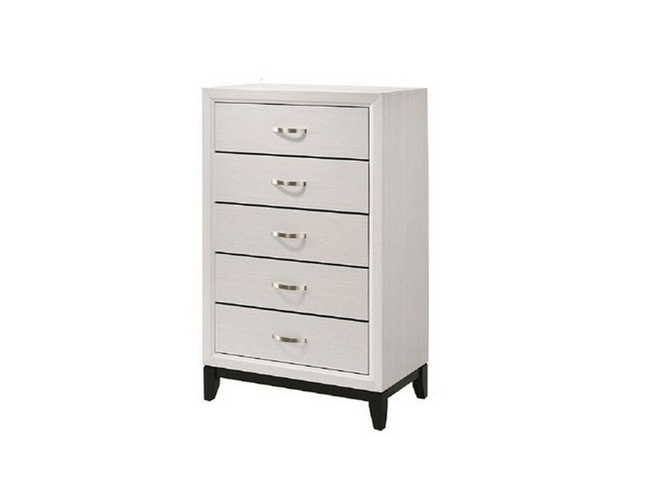 Transitional 5 Drawer Chest with Curved Handle and Chamfered Feet, White - Benzara