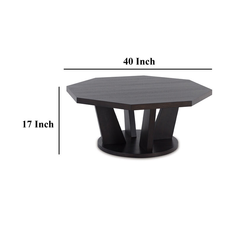 Chloe Cocktail Coffee Table, 40 Inch Octagon Espresso Brown Wood