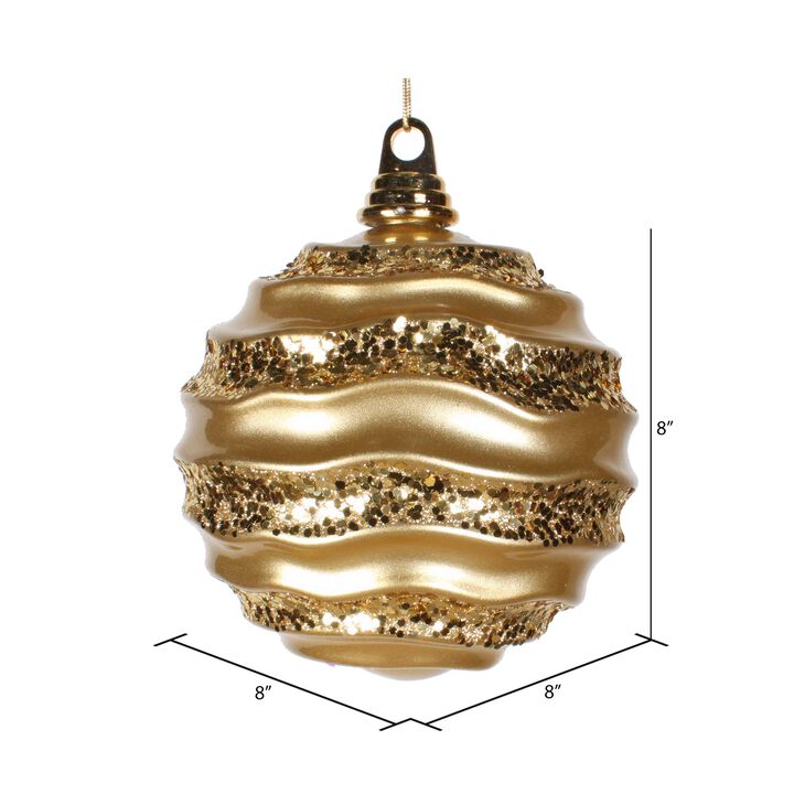 Vickerman 8" Christmas Ornament Wave Ball, Gold Stripe Candy Finish with Glitter Accents, Shatterproof Plastic, Holiday Christmas Tree Decoration
